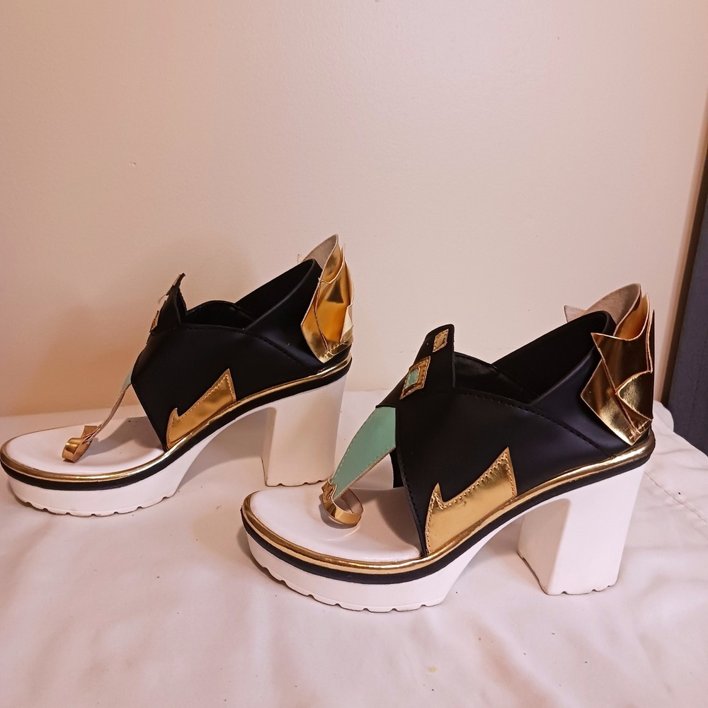 Genshen Shenhe Cosplay Gold White Winged Platform Block Heel Sandal shoes 38 7.5